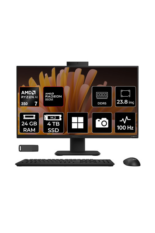 ExpertCenter P600 Ryzen AI 7 350 24GB RAM 2TB SSD 23.8" Full HD (1920x1080) Win11 Home PM640KAP316 Siyah AI-Powered All In One Bilgisayar + Per4 USB Bellek