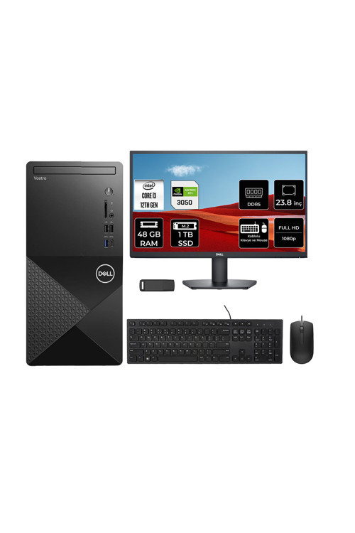 Vostro 3030MT Core i3 12100 RTX 3050 6GB 48GB RAM 1TB SSD 23.8" FHD FreeDOS N6001VDT3030MTP790 Masaüstü Bilgisayar + PER4 USB Bellek