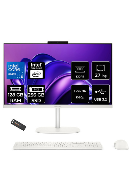 OmniStudio 27 Core 5 210H 128GB RAM 256GB SSD 27" FHD FreeDos Beyaz All in One Bilgisayar