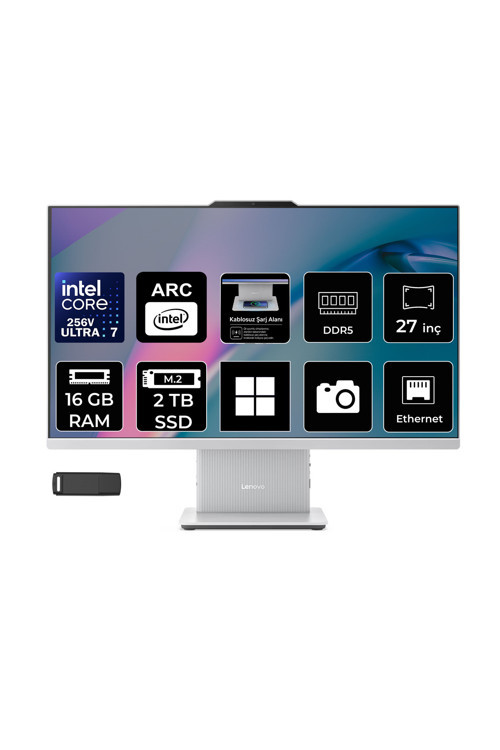 Ideacentre 27ILL11 Intel Core Ultra 7 256V 16GB RAM 2TB SSD 27" Full HD (1920x1080) Win11 Pro F0JW0010TRP310 Beyaz AI-Powered All In One Bilgisayar + Per4 USB Bellek