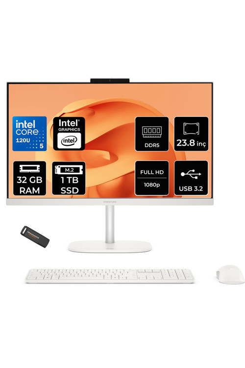 OmniStudio 24 Core 5 120U 32GB RAM 1TB SSD 23.8" FHD 75Hz FreeDos Beyaz All in One Bilgisayar + Per4 USB Bellek