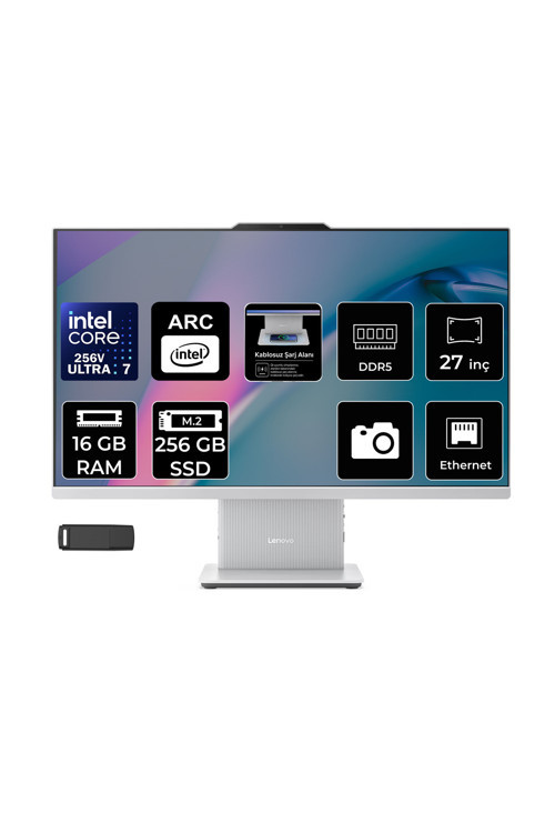 Ideacentre 27ILL11 Intel Core Ultra 7 256V 16GB RAM 256GB SSD 27" Full HD (1920x1080) FreeDOS F0JW0010TRP307 Beyaz AI-Powered All In One Bilgisayar + Per4 USB Bellek