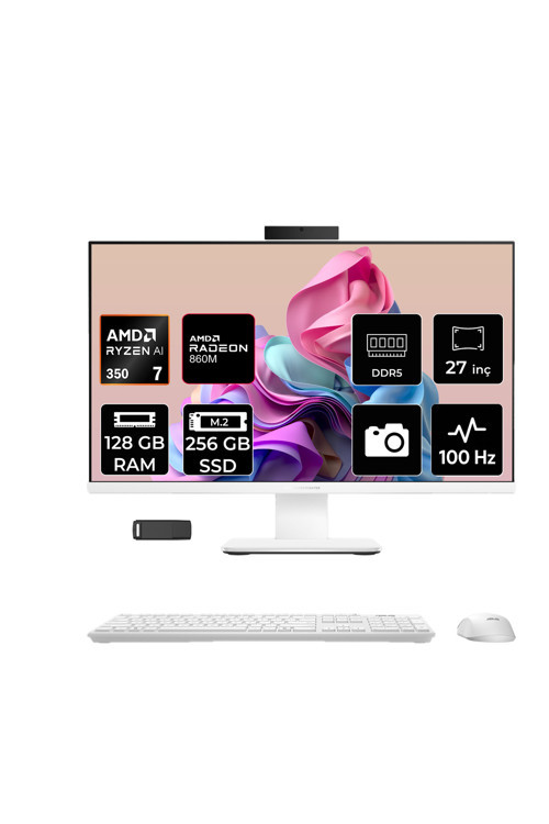 ExpertCenter P600 Ryzen AI 7 350 128GB RAM 256GB SSD 27" Full HD (1920x1080) FreeDOS PM670KAP355 Beyaz AI-Powered All In One Bilgisayar + Per4 USB Bellek