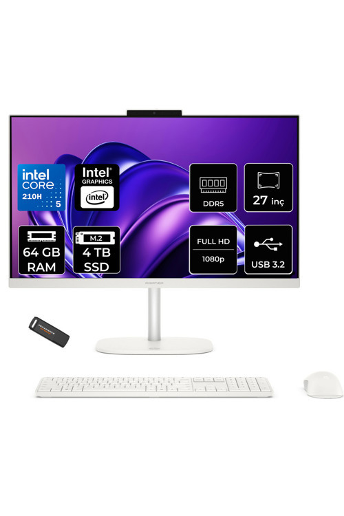 OmniStudio 27 Core 5 210H 64GB RAM 4TB SSD 27" FHD FreeDos Beyaz All in One Bilgisayar
