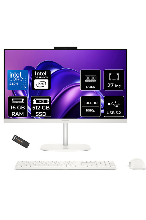 OmniStudio 27 Core 5 210H 16GB RAM 512GB SSD 27" FHD FreeDos Beyaz All in One Bilgisayar