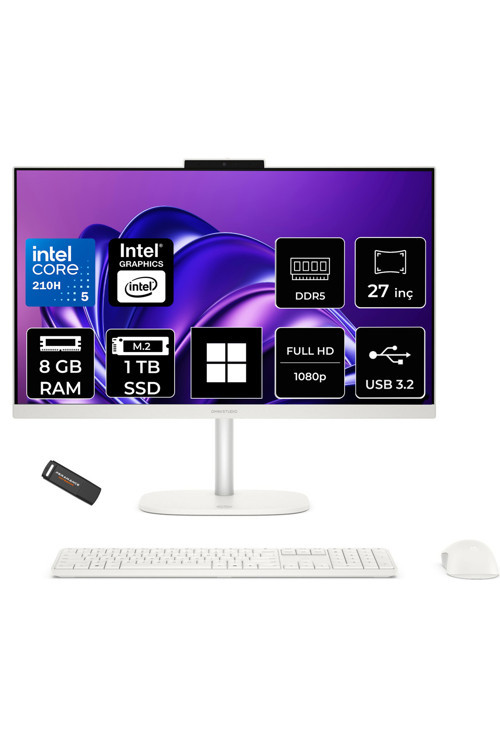 OmniStudio 27 Core 5 210H 8GB RAM 1TB SSD 27" FHD W11H Beyaz All in One Bilgisayar + Per4 USB Bellek