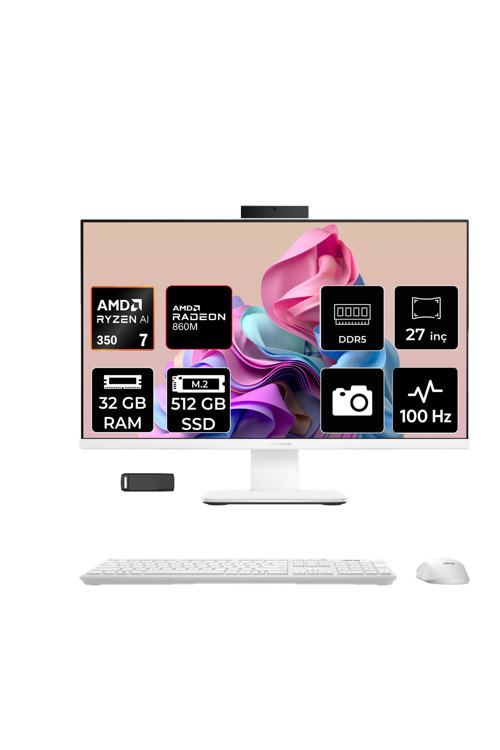 ExpertCenter P600 Ryzen AI 7 350 32GB RAM 512GB SSD 27" Full HD (1920x1080) FreeDOS PM670KAP320 Beyaz AI-Powered All In One Bilgisayar + Per4 USB Bellek