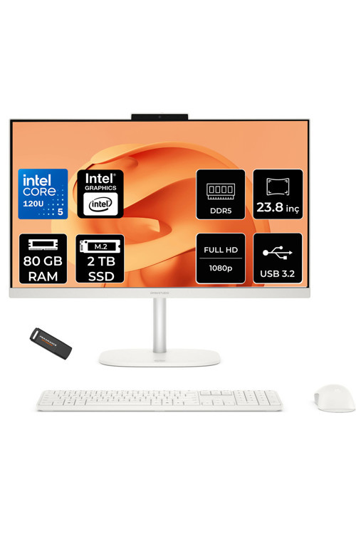 OmniStudio 24 Core 5 120U 80GB RAM 2TB SSD 23.8" FHD 75Hz FreeDos Beyaz All in One Bilgisayar