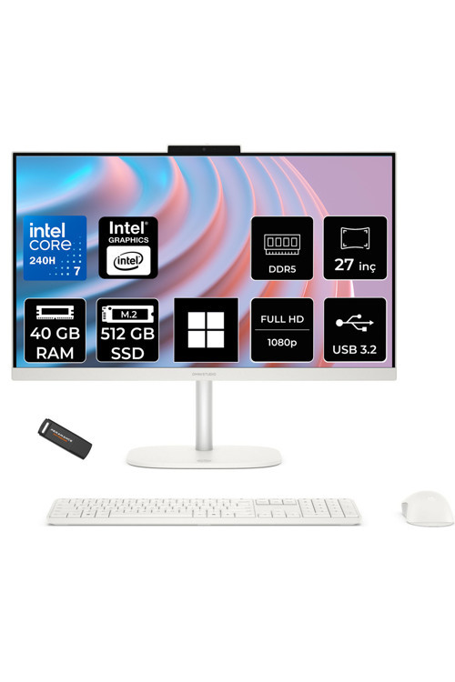 OmniStudio 27 Core 7 240H 40GB RAM 512GB SSD 27" FHD 100Hz W11P Beyaz All in One Bilgisayar + Per4 USB Bellek