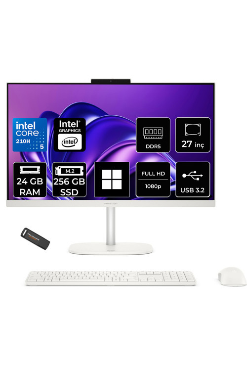 OmniStudio 27 Core 5 210H 24GB RAM 256GB SSD 27" FHD W11P Beyaz All in One Bilgisayar + Per4 USB Bellek
