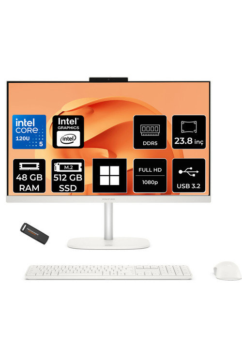 OmniStudio 24 Core 5 120U 48GB RAM 512GB SSD 23.8" FHD 75Hz W11H Beyaz All in One Bilgisayar + Per4 USB Bellek