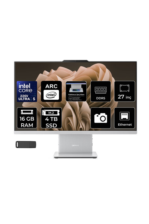 Ideacentre 27ILL11 Intel Core Ultra 5 226V 16GB RAM 4TB SSD 27" Full HD (1920x1080) FreeDOS F0JW000YTRP311 Beyaz All In One Bilgisayar + Per4 USB Bellek