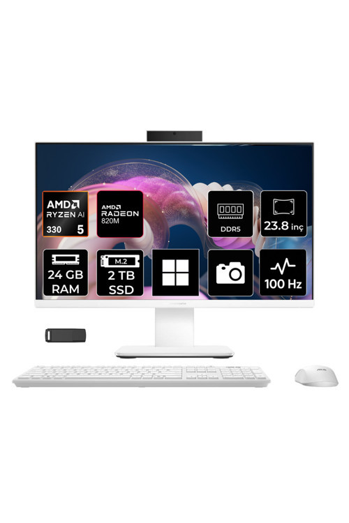 ExpertCenter P600 Ryzen AI 5 330 24GB RAM 2TB SSD 23.8" Full HD (1920x1080) Win11 Pro PM640KAP316 Beyaz AI-Powered All In One Bilgisayar + Per4 USB Bellek