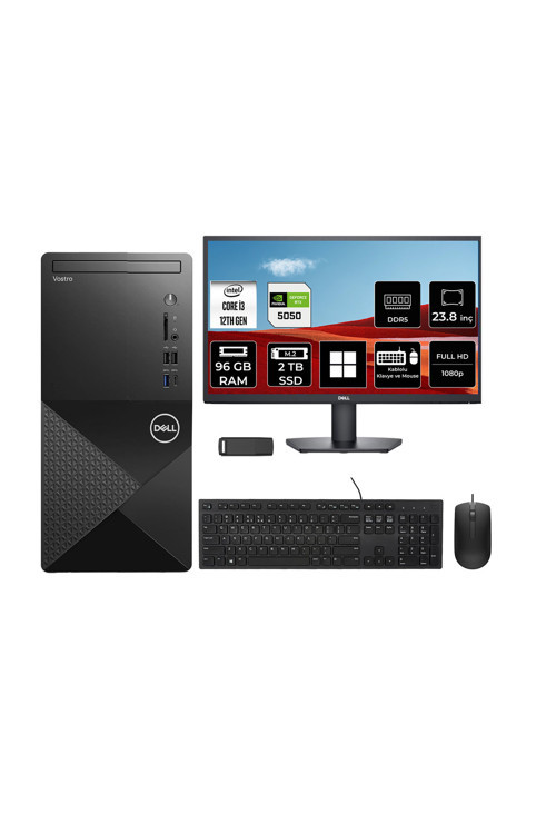 Vostro 3030MT Core i3 12100 RTX 5050 8GB 96GB RAM 2TB SSD 23.8" FHD Win11 Pro N6001VDT3030MTP899 Masaüstü Bilgisayar + PER4 USB Bellek