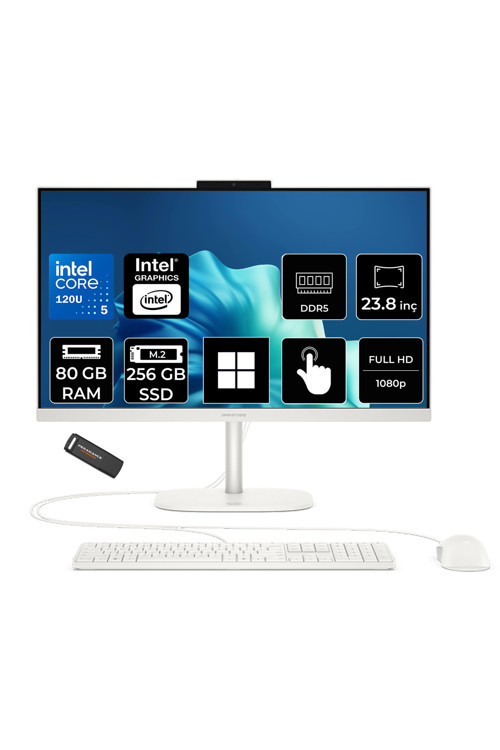 OmniStudio 24 Core 5 120U 80GB RAM 256GB SSD 23.8" FHD 75Hz Touch W11P Beyaz All in One Bilgisayar + Per4 USB Bellek