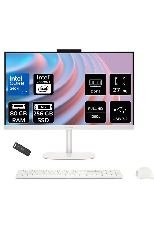 OmniStudio 27 Core 7 240H 80GB RAM 256GB SSD 27" FHD 100Hz FreeDos Beyaz All in One Bilgisayar + Per4 USB Bellek
