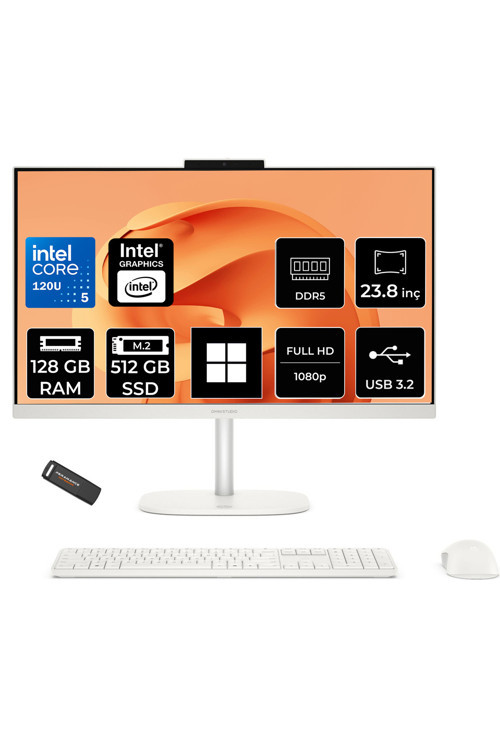 OmniStudio 24 Core 5 120U 128GB RAM 512GB SSD 23.8" FHD 75Hz W11H Beyaz All in One Bilgisayar + Per4 USB Bellek