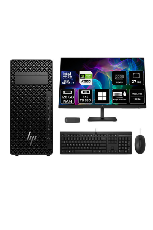 Z2 G1i Core Ultra 7 265K RTX 2000 Ada 16GB 128GB RAM 4TB SSD + 4TB SSD 27" FHD Win11 Pro A2KR1ESPN863 Masaüstü İş İstasyonu + PER4 USB Bellek