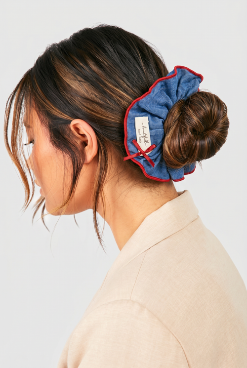 Açık Mavi Denim Görünümlü Fırfırlı Scrunchie Saç Tokası