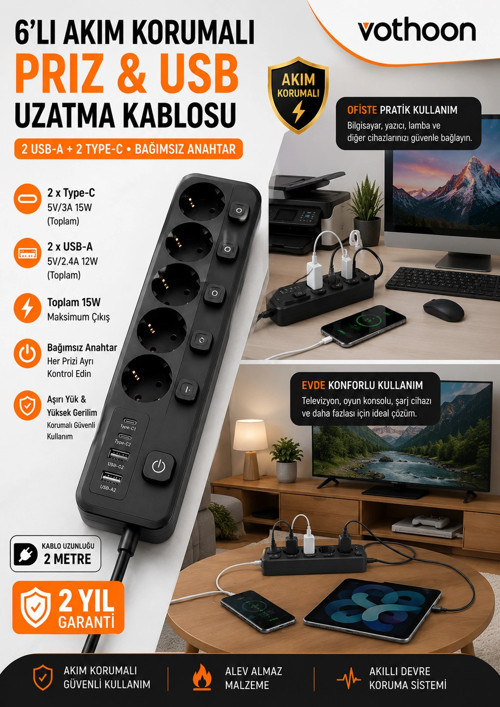 Akım Korumalı 5’li Priz 2xUSB 2xType-C Çıkış Akım Koruma Çoklu Priz Çoğaltıcı Anahtarlı FTR-31 Siyah