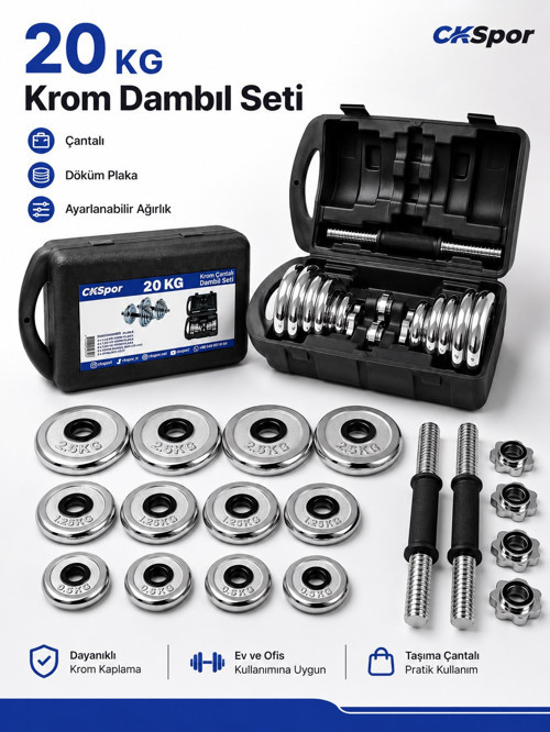 20 Kg Krom Dambıl Seti Çantalı Döküm Plaka Ayarlanabilir Ağırlık Seti