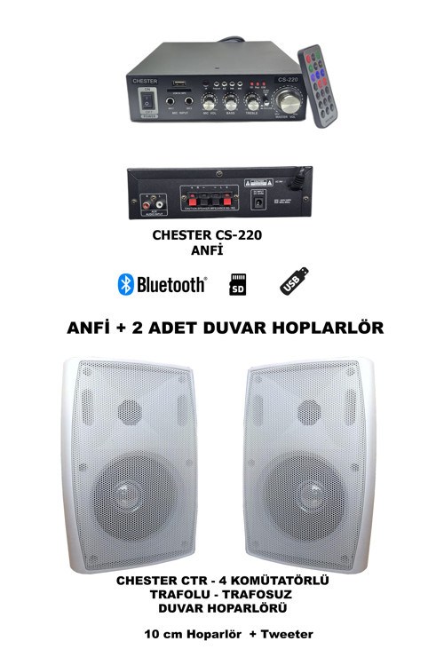 CS-220 Trafosuz Anfi ve 2 Adet CTR-4 Trafolu Trafosuz Duvar Hoparlör Ses Sistemi Seti