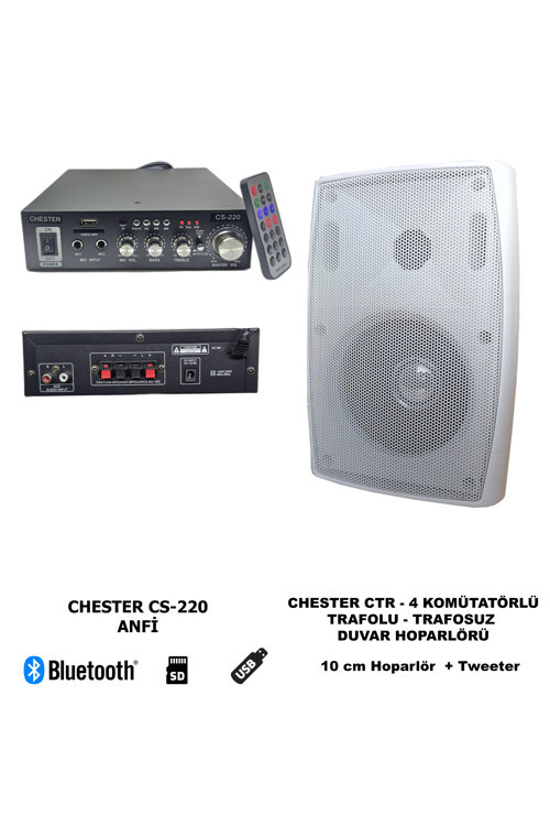 CS-220 Trafosuz Bluetooth Anfi ve CTR-4 Trafolu Trafosuz Duvar Hoparlör Ses Sistemi Seti