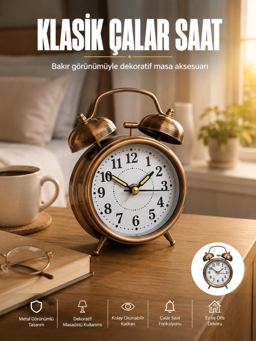 zeyta12 Metal Bronz Nostaljik Masa Saati Alarmlı Büyük Boy Sessiz Mekanizmalı zeytan45
