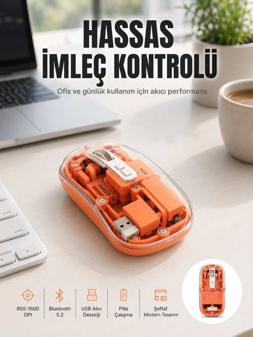 zeyta12 Bluetooth Ve Usb Destekli Kablosuz Şeffaf Mouse Sessiz Kullanım Yeni Nesil zeytan45