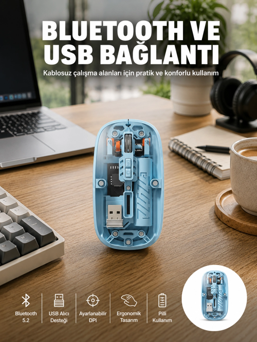 zeyta12 Bluetooth 5.2 Destekli Mavi Pilli Kablosuz Mouse Yeni Nesil zeytan45