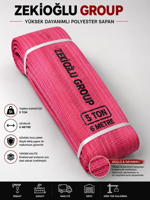 6 METRE 5 TON Çeker SAPAN HALAT Zekioğlu Group Flat Webbing Sling Gözlü Polyester Sapan 3000Kg Taşıma Kapasiteli 6 Me