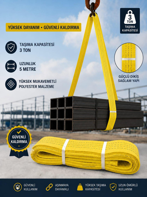 5 METRE 3 TON Çeker SAPAN HALAT Zekioğlu Group Flat Webbing Sling Gözlü Polyester Sapan 3000Kg Taşıma Kapasiteli 5 Me
