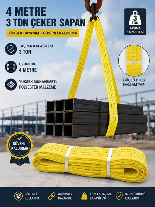 4 METRE 3 TON Çeker SAPAN HALAT Zekioğlu Group Flat Webbing Sling Gözlü Polyester Sapan 3000Kg Taşıma Kapasiteli 4 Me