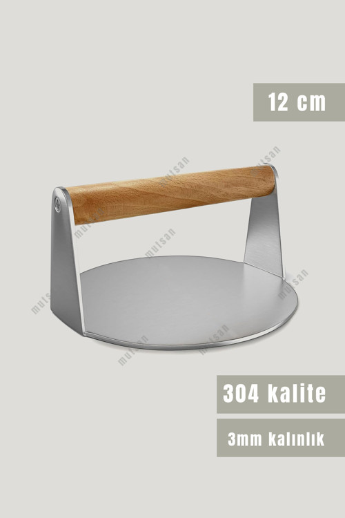304 Paslanmaz Çelik Burger Presi | Ahşap Saplı Smasher | Profesyonel Izgara Aksesuarı | 12 Cm