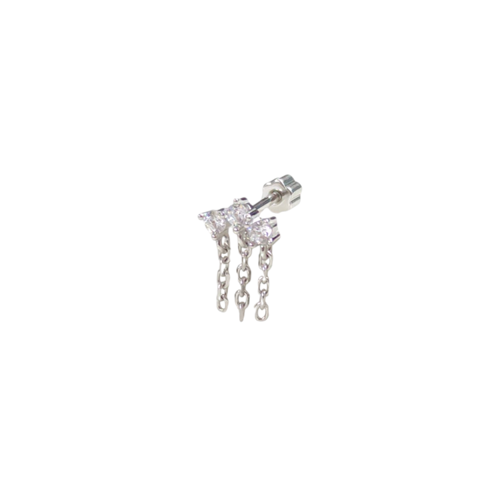 ZİNCİR SALLANTILI ÜÇ TAŞ GÜMÜŞ TRAGUS PIERCING - RODYUM BEYAZ