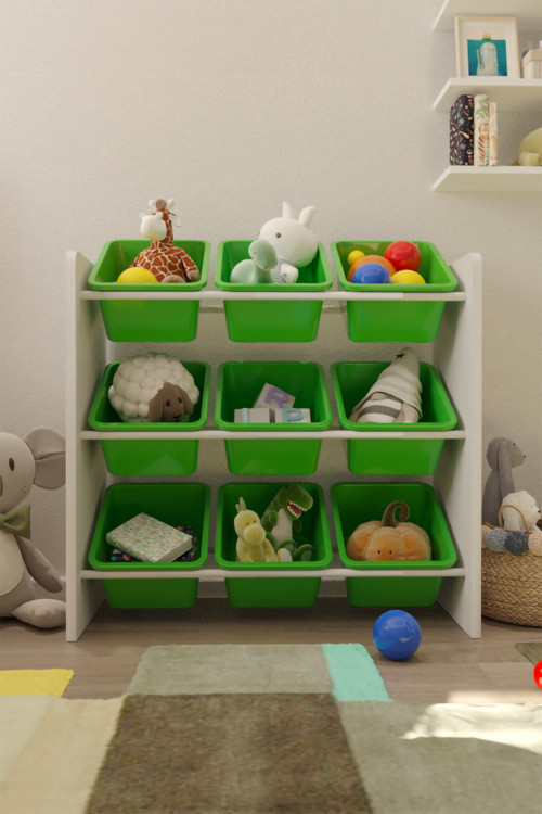 9 Sepetli Yeşil Oyuncak Dolabı, Çok Amaçlı Dolap, Montessori Dolap