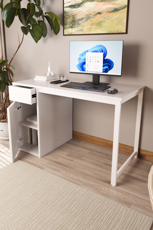 Beyaz 60X120 Cm Çalışma Masası, Bilgisayar Masası, Ofis Masası Çekmeceli, Dolaplı, Raflı