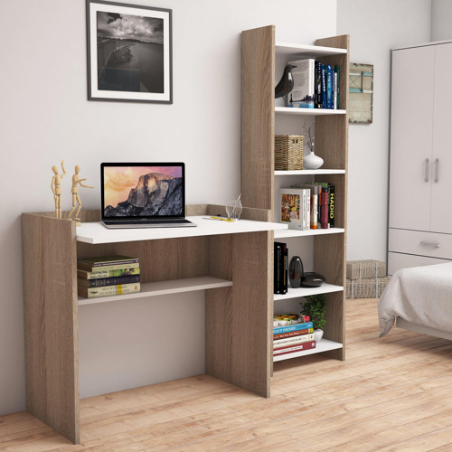 T2020 Kösem Kitaplık ve Çalışma Masası Ceviz Beyaz
