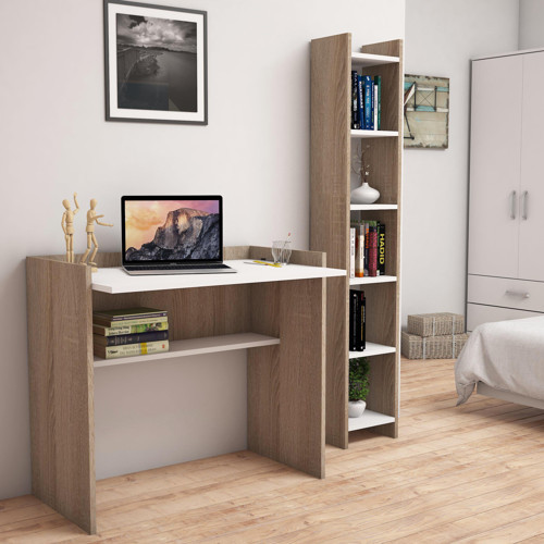 T1020 Neslişah Kitaplık ve Çalışma Masası Ceviz/Beyaz