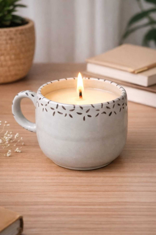 El Yapımı Seramik Fincan Mum - Vanilya Aromalı & Dekoratif Tasarım (7.5x8 cm) Boho Stil Cogo Ceramic