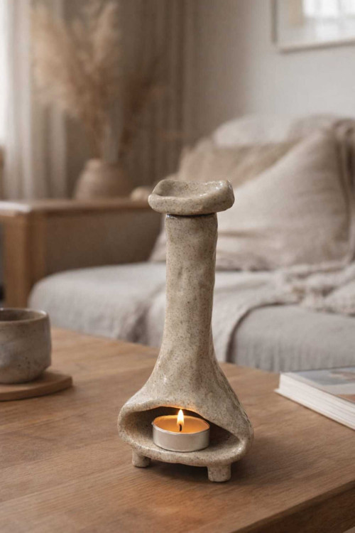 El Yapımı Stoneware Seramik Meditasyon Tütsülüğü | Doğal Form Palo Santo & Mum