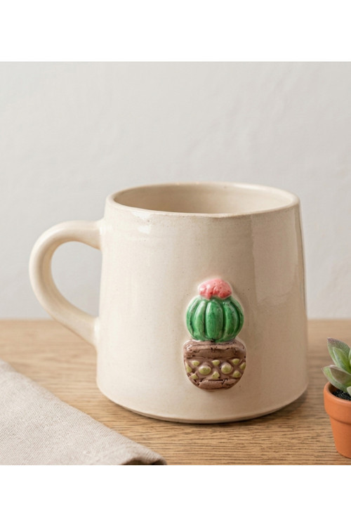 Cogo Ceramic El Yapımı Kaktüs Kabartmalı Seramik Kupa