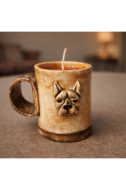 El Yapımı Seramik Mum | Lavantalı | Köpek Figürlü | 7 cm