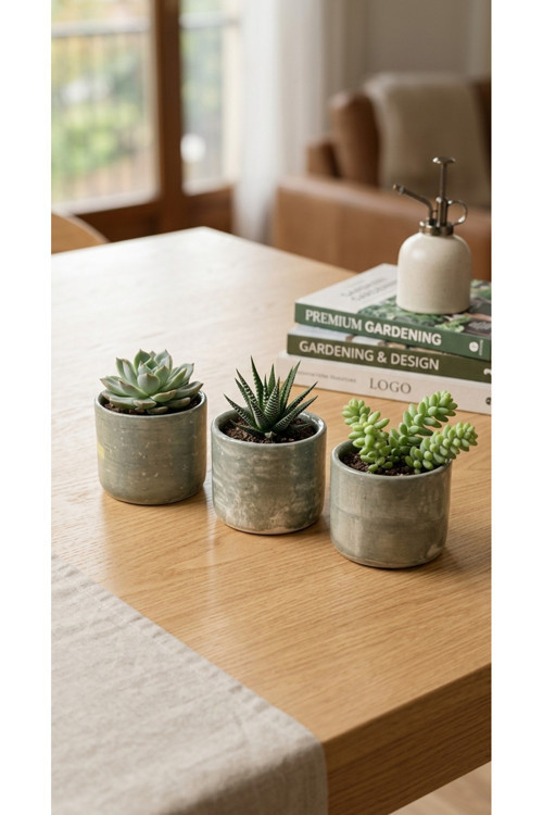 Cogoceramic Bohem 3’lü El Yapımı Seramik Mini Saksı Seti - Sukulent & Kaktüs Düzenleyici (8x7 cm)