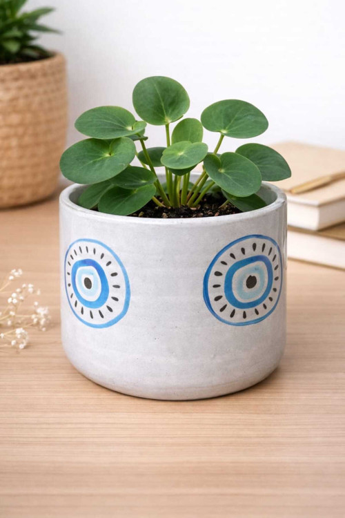 El Yapımı Seramik Nazar Boncuğu Desenli Modern Saksı - 8x8 cm (Bitkisiz) Cogo Ceramic