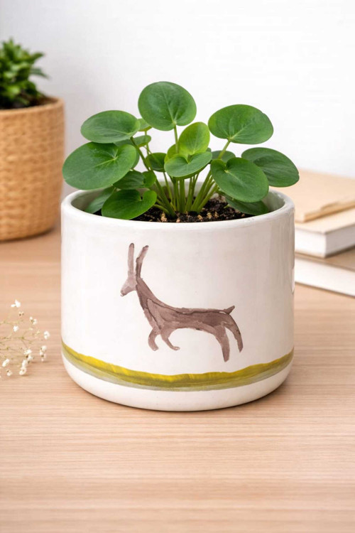 El Yapımı Seramik Ceylan Figürlü Tasarım Saksı - 8x8 cm (Bitkisiz) Cogo Ceramic