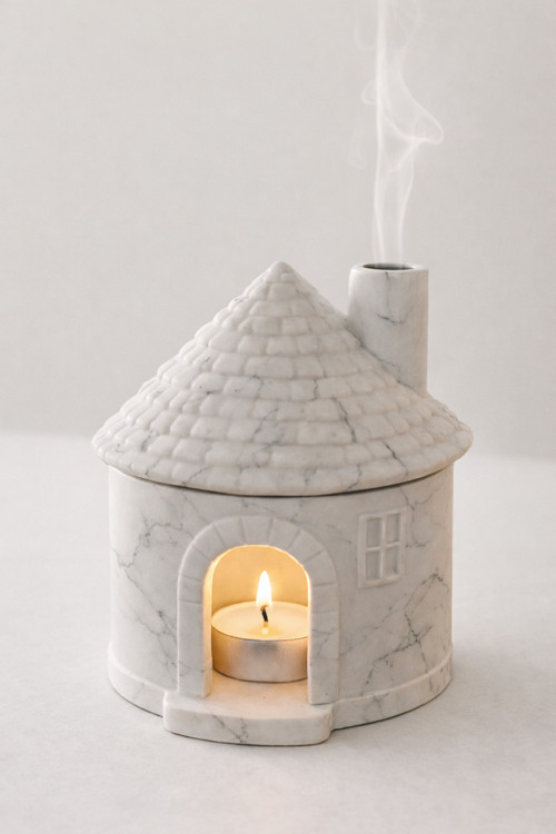 Mermer Efektli Seramik Ev Tütsülük & Mumluk – El Yapımı Dekoratif Tealight Ev Kokulu Mum Hediyeli
