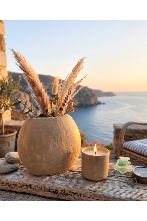 Cogo Ceramic El Yapımı Antik Dokulu Seramik Vazo ve Mumluk Seti - Scandi-Boho Tarzı