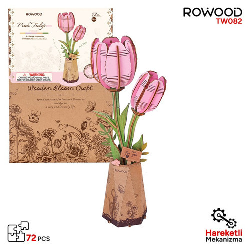 Tw082 Pembe Lale Çiçek Pink Tulip Diy Minyatür Maket Model Ahşap 3D Wooden Puzzle Model Kit Ahşap Maket Dekoratif