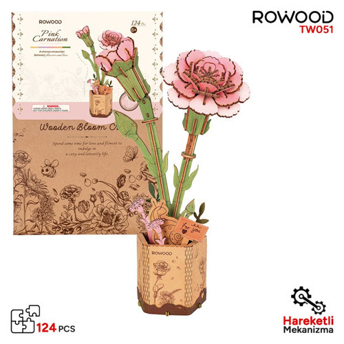 Tw051 Karanfil Çiçeği Pink Carnation Diy Minyatür Maket Model Ahşap 3D Wooden Puzzle Model Kit Ahşap Maket Hobi